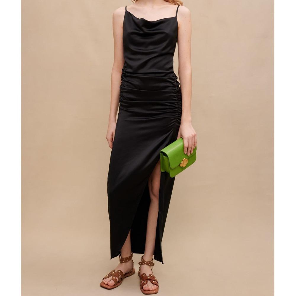 Maje Black Satin Long Draped Slit Rinoir Ruched Maxi Dress Size 36